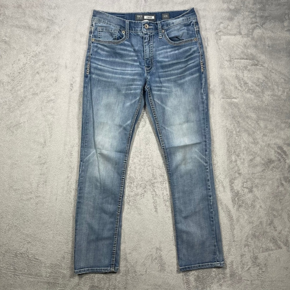 BKE Jake Straight Leg‎ Jeans Mens 32R(30) Blue Medium Wash Distressed Stitching